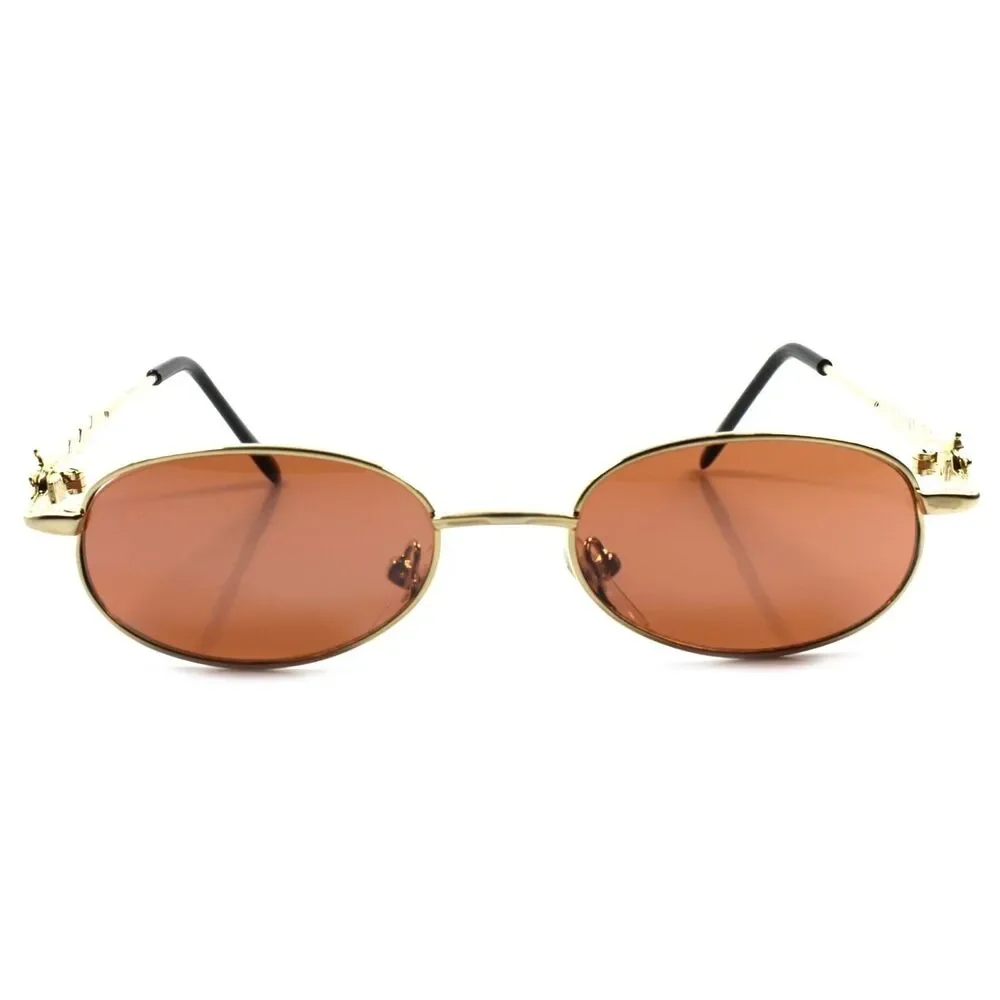 True Vintage Old Deadstock Funky Funny Mens Womens Gold Round Oval Sunglasses
